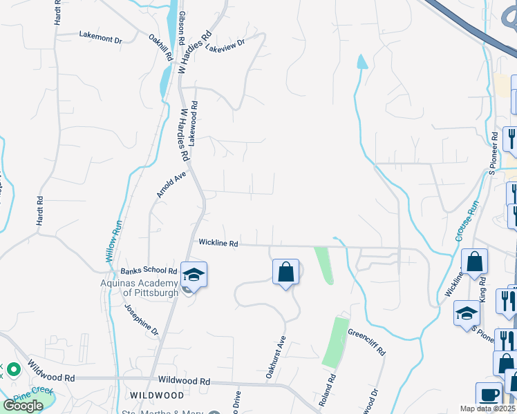 map of restaurants, bars, coffee shops, grocery stores, and more near 2584 Lah Road in Gibsonia