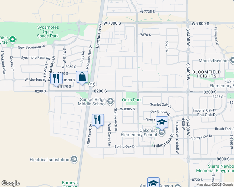 map of restaurants, bars, coffee shops, grocery stores, and more near 8217 Skyline Arch Drive in West Jordan