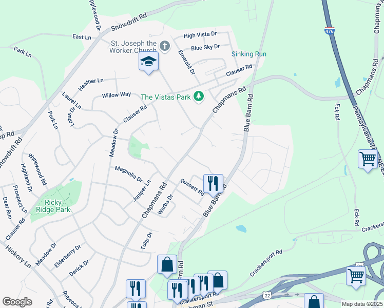 map of restaurants, bars, coffee shops, grocery stores, and more near 5410 Chapmans Road in Lehigh County