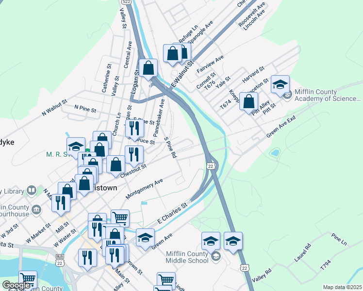 map of restaurants, bars, coffee shops, grocery stores, and more near 24 Feeder Avenue in Lewistown