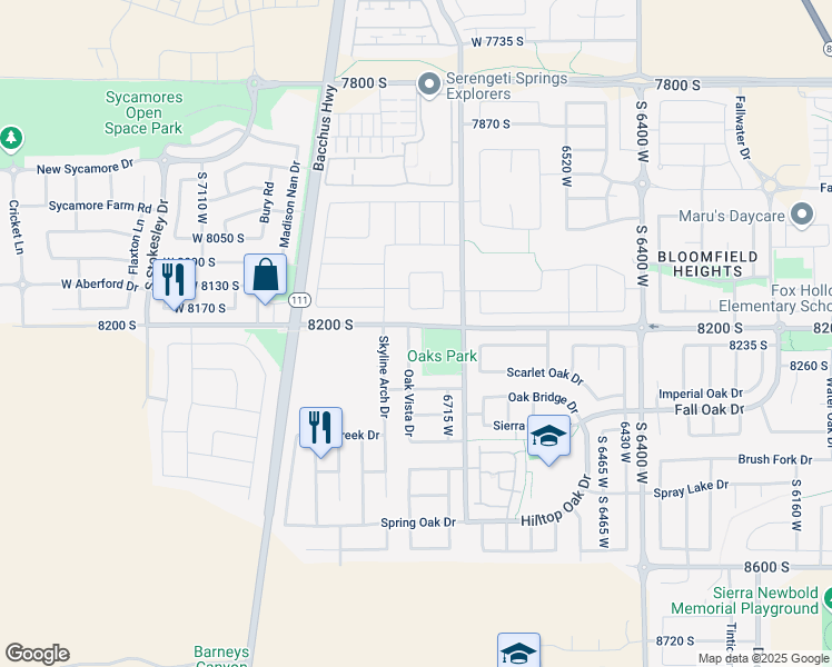 map of restaurants, bars, coffee shops, grocery stores, and more near 6700 8200 South in West Jordan