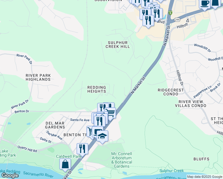 map of restaurants, bars, coffee shops, grocery stores, and more near 1501-1515 Nancy Court in Redding