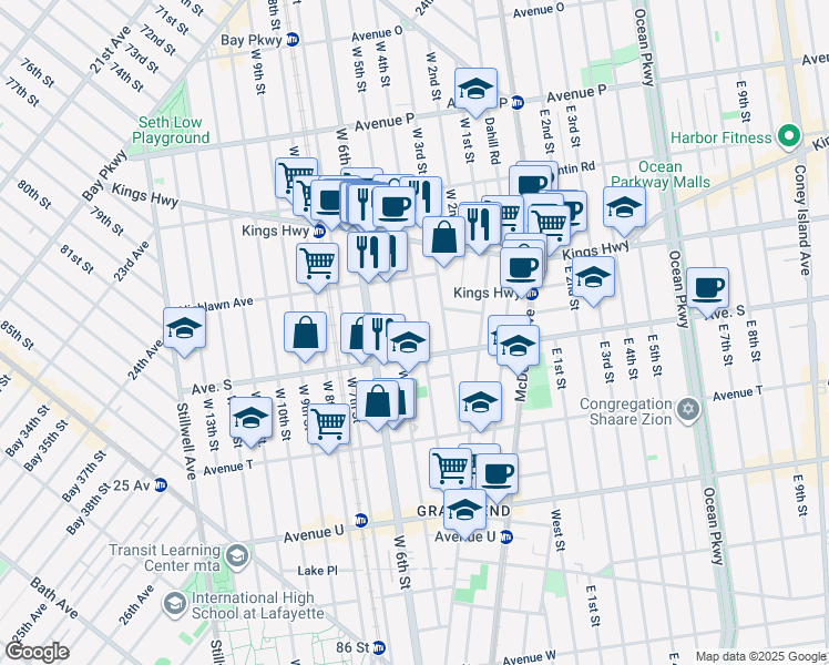 map of restaurants, bars, coffee shops, grocery stores, and more near 1868 West 4th Street in Brooklyn