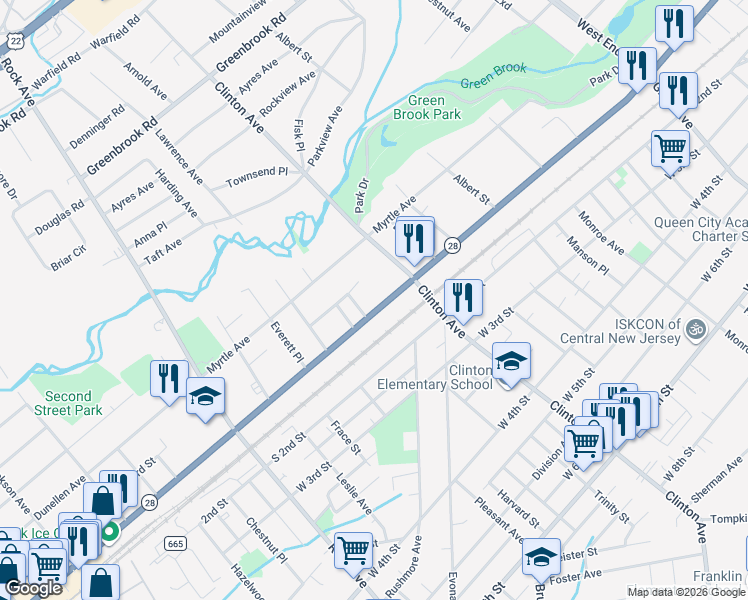 map of restaurants, bars, coffee shops, grocery stores, and more near 1340 West Front Street in Plainfield