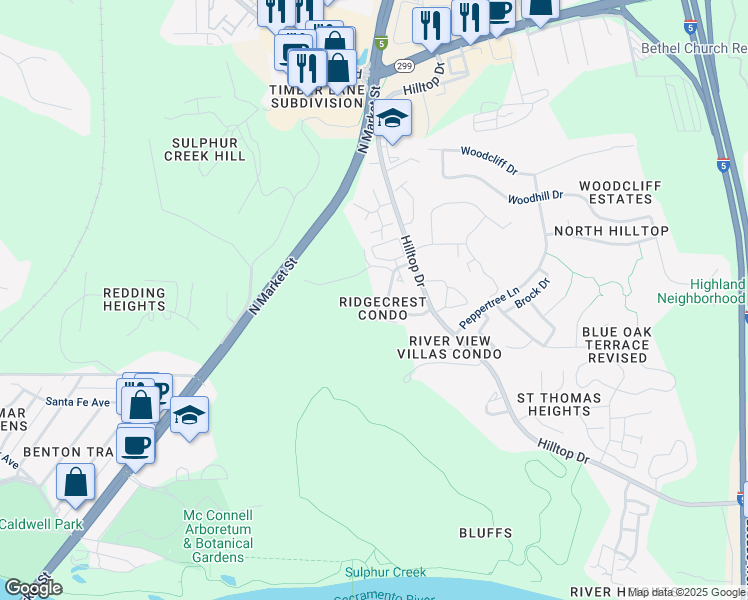 map of restaurants, bars, coffee shops, grocery stores, and more near 481 Ridgecrest Trail in Redding