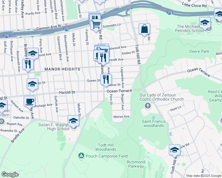 map of restaurants, bars, coffee shops, grocery stores, and more near 27 Ocean Terrace in Staten Island