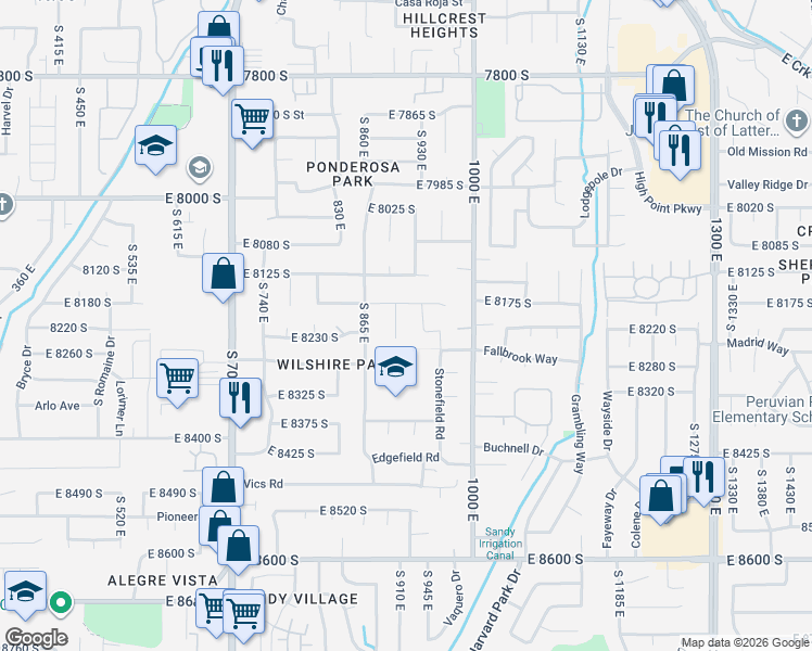 map of restaurants, bars, coffee shops, grocery stores, and more near 8211 South Marion View Circle in Sandy