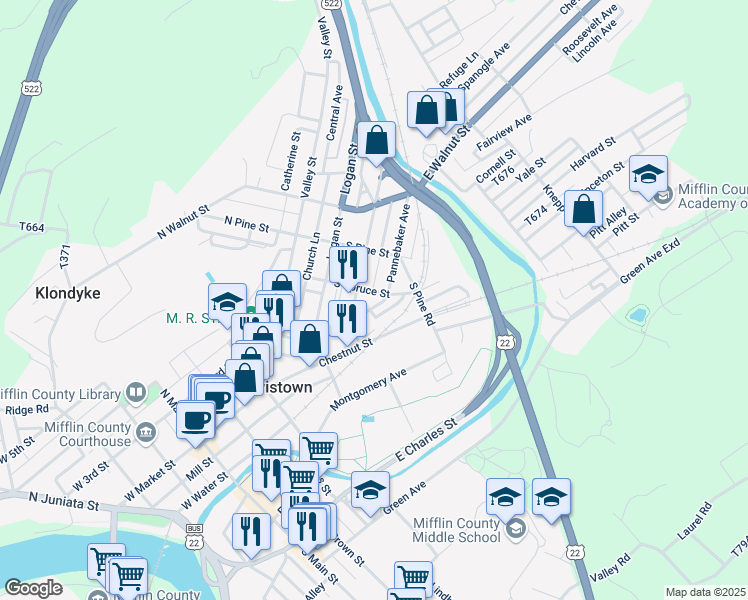 map of restaurants, bars, coffee shops, grocery stores, and more near 210 South Spruce Street in Lewistown