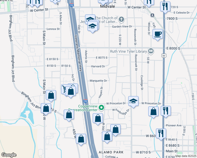 map of restaurants, bars, coffee shops, grocery stores, and more near 372 Marquette Dr in Midvale