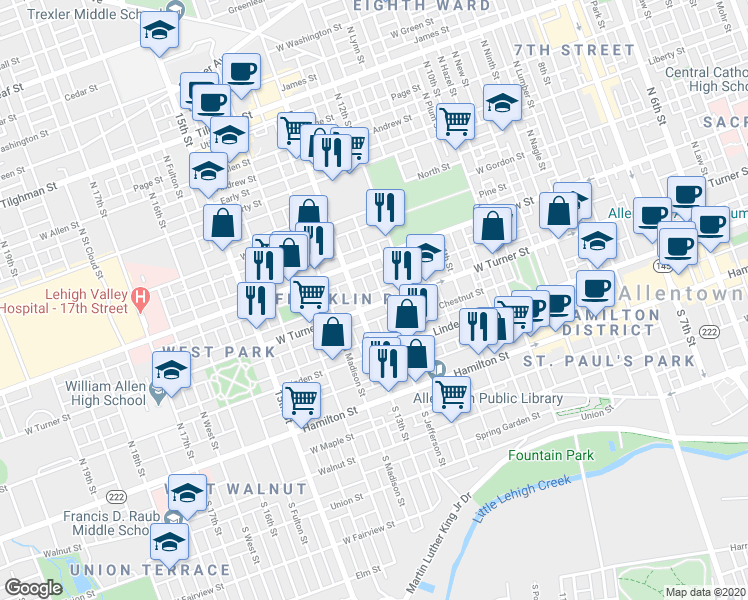 map of restaurants, bars, coffee shops, grocery stores, and more near 1235 West Turner Street in Allentown