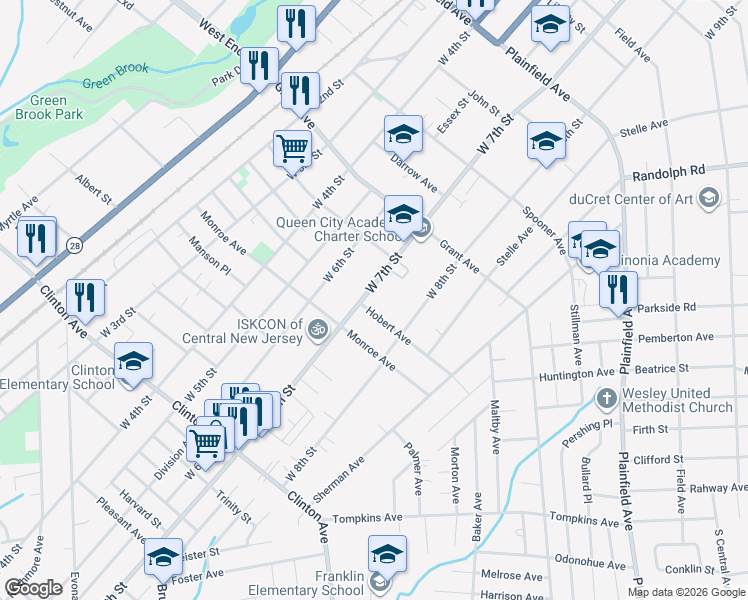 map of restaurants, bars, coffee shops, grocery stores, and more near 937 West 7th Street in Plainfield