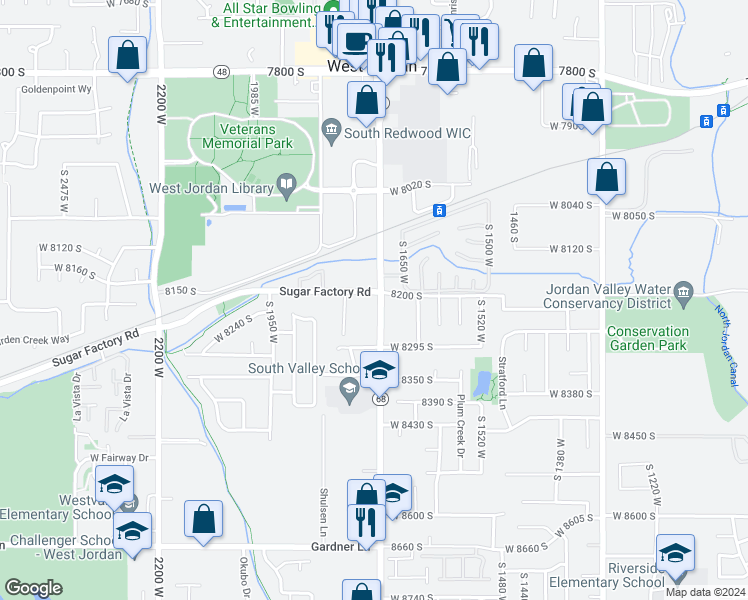 map of restaurants, bars, coffee shops, grocery stores, and more near 8220 South Redwood Road in West Jordan