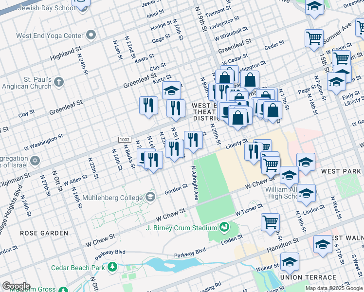 map of restaurants, bars, coffee shops, grocery stores, and more near 2130 Allen Street in Allentown