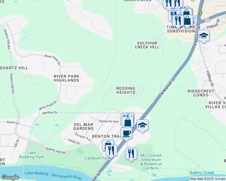 map of restaurants, bars, coffee shops, grocery stores, and more near 303 Pearl Street in Redding