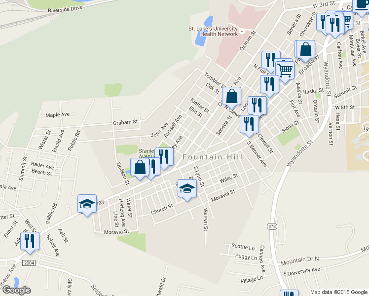 map of restaurants, bars, coffee shops, grocery stores, and more near 1221 Delaware Avenue in Fountain Hill