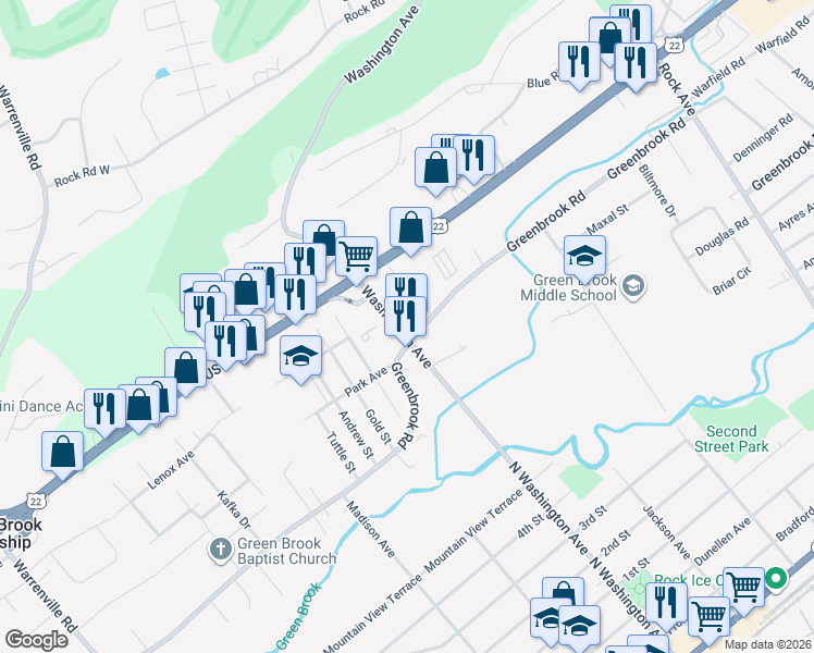 map of restaurants, bars, coffee shops, grocery stores, and more near 86 Greenbrook Road in Green Brook Township