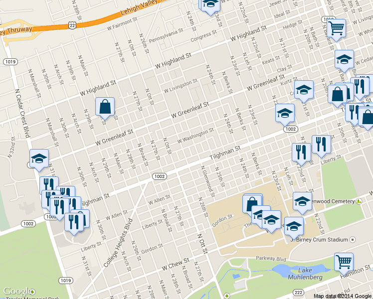 map of restaurants, bars, coffee shops, grocery stores, and more near 735 North 26th Street in Allentown