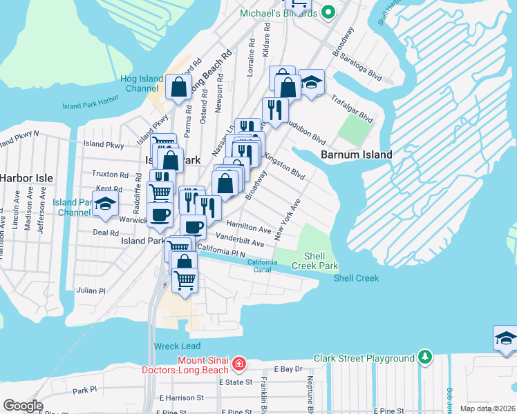 map of restaurants, bars, coffee shops, grocery stores, and more near 1056 Traymore Boulevard in Island Park