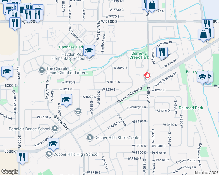 map of restaurants, bars, coffee shops, grocery stores, and more near 5036 Copper Meadow Lane in West Jordan