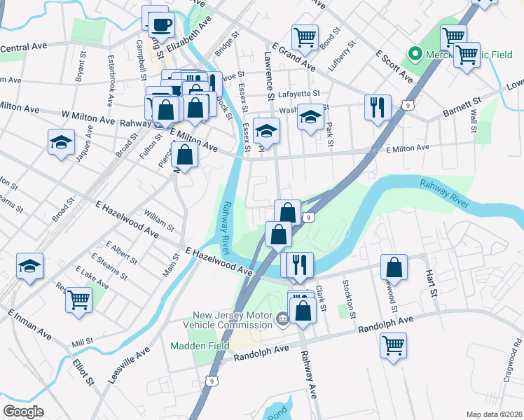 map of restaurants, bars, coffee shops, grocery stores, and more near 1360 U.S. 1 in Rahway