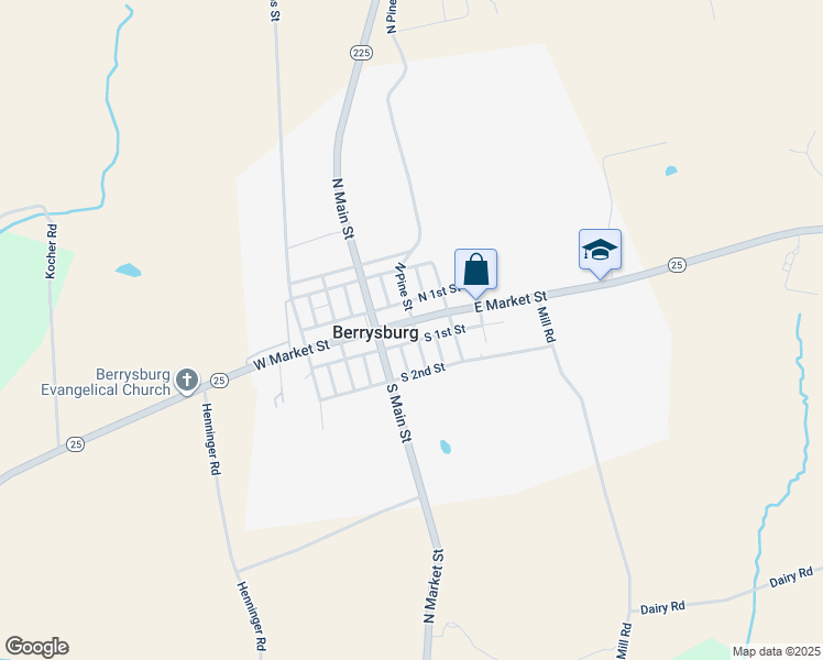 map of restaurants, bars, coffee shops, grocery stores, and more near 134 East Market Street in Berrysburg