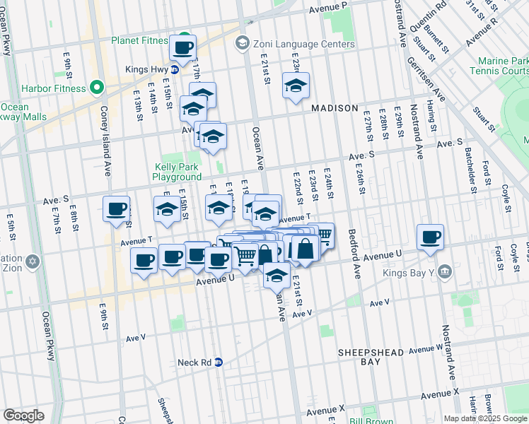 map of restaurants, bars, coffee shops, grocery stores, and more near 2009 Avenue T in Brooklyn