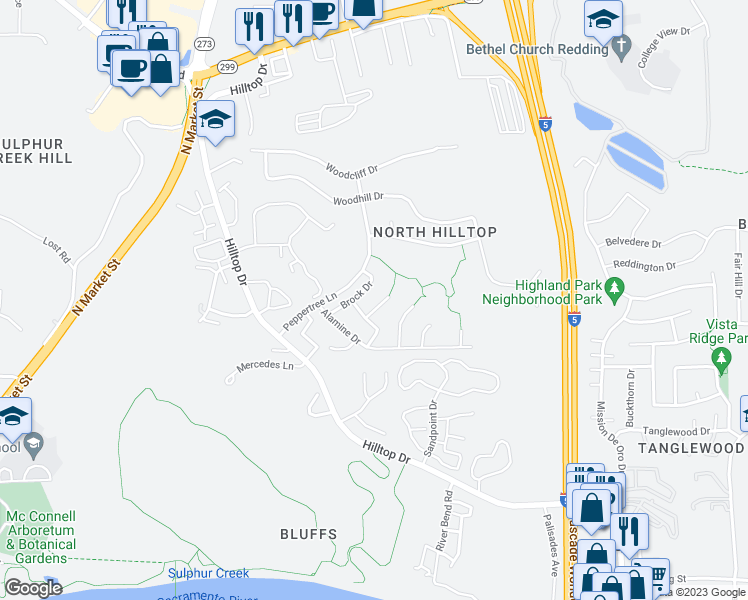 map of restaurants, bars, coffee shops, grocery stores, and more near 544 Shoemaker Court in Redding