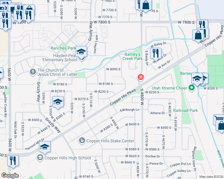map of restaurants, bars, coffee shops, grocery stores, and more near 4982 Copper Meadow Lane in West Jordan