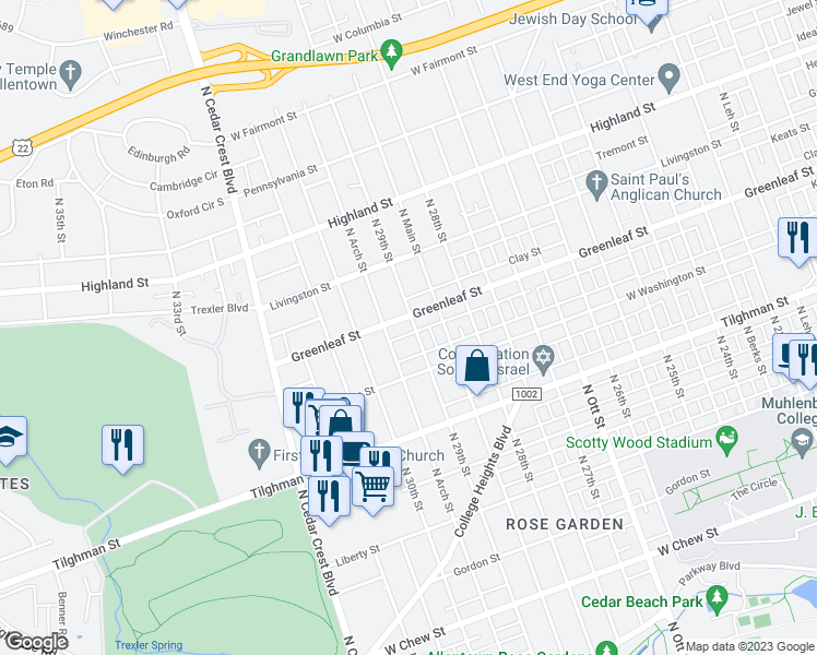 map of restaurants, bars, coffee shops, grocery stores, and more near 850 North 29th Street in Allentown