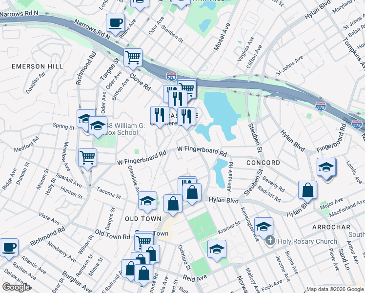 map of restaurants, bars, coffee shops, grocery stores, and more near 841 West Fingerboard Road in Staten Island