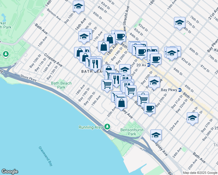 map of restaurants, bars, coffee shops, grocery stores, and more near 8783 19th Avenue in Brooklyn