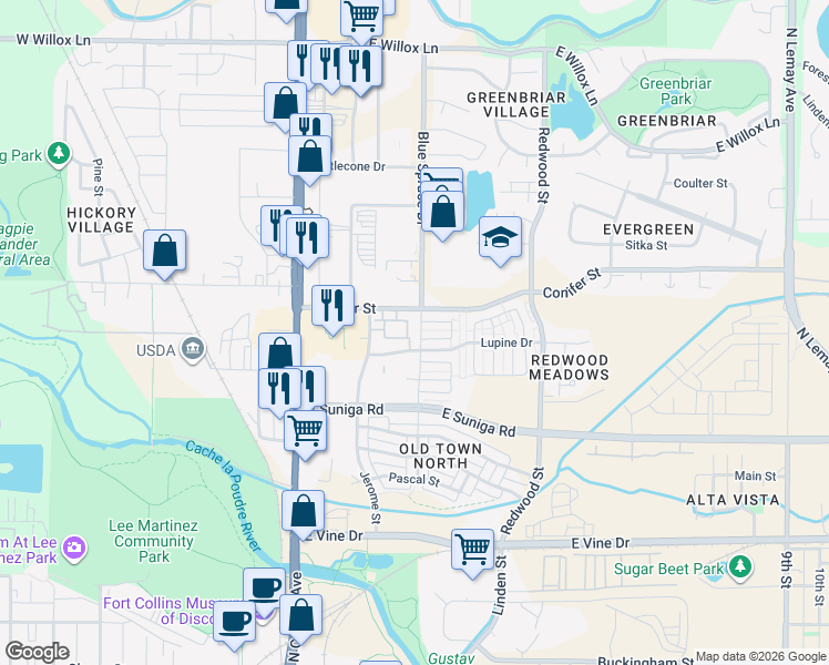 map of restaurants, bars, coffee shops, grocery stores, and more near 1127 Blue Spruce Drive in Fort Collins