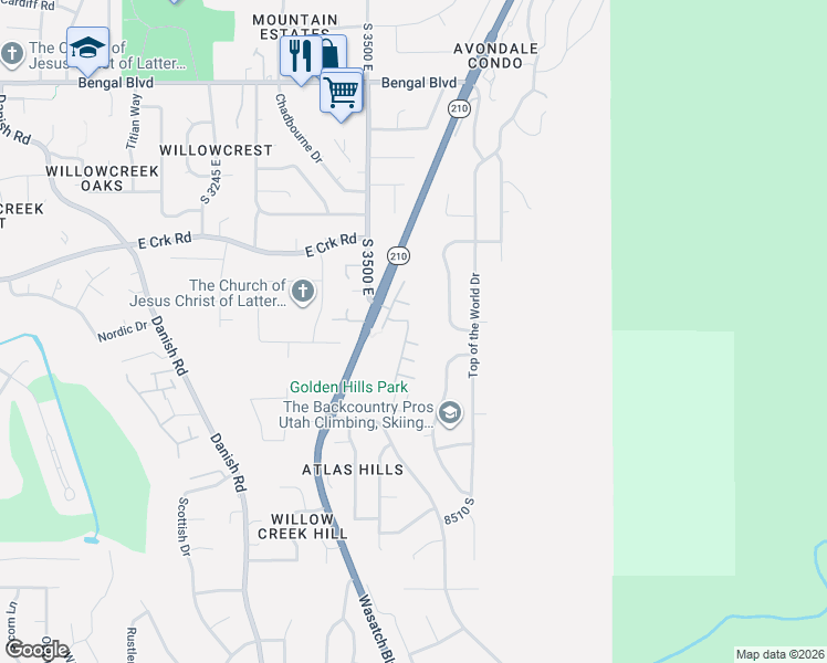 map of restaurants, bars, coffee shops, grocery stores, and more near 3587 Lone Brook Lane in Cottonwood Heights