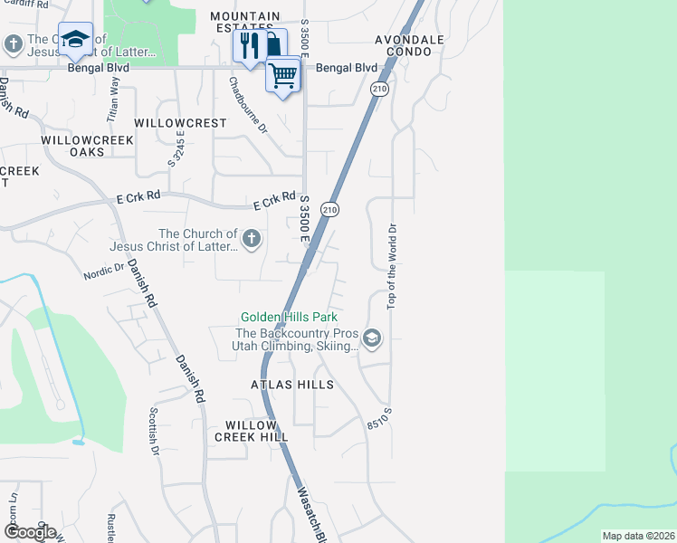 map of restaurants, bars, coffee shops, grocery stores, and more near 8208 Wasatch Grove Lane in Cottonwood Heights