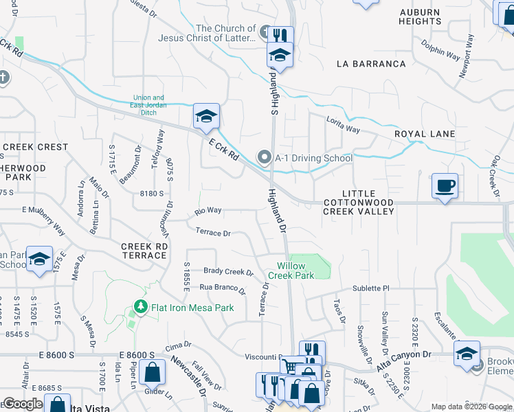 map of restaurants, bars, coffee shops, grocery stores, and more near 2005 Rio Way in Sandy