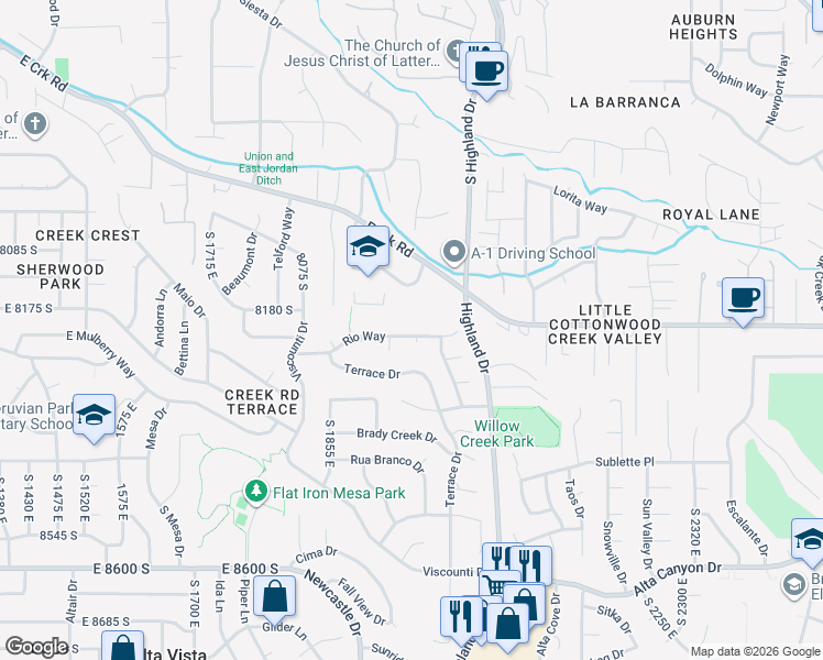 map of restaurants, bars, coffee shops, grocery stores, and more near 1957 Rio Way in Sandy