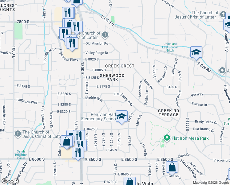 map of restaurants, bars, coffee shops, grocery stores, and more near 1469 East Mulberry Way in Sandy