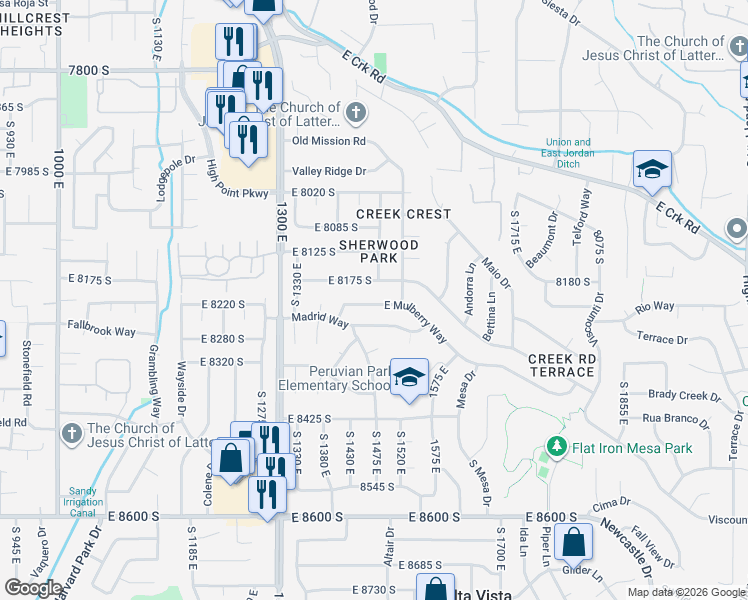 map of restaurants, bars, coffee shops, grocery stores, and more near 1469 East Mulberry Way in Sandy