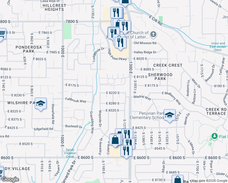 map of restaurants, bars, coffee shops, grocery stores, and more near 1237 East 8220 South in Sandy