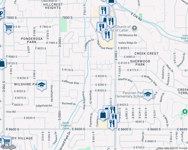map of restaurants, bars, coffee shops, grocery stores, and more near 1191 East 8220 South Street in Sandy