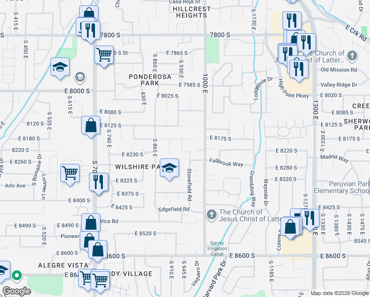 map of restaurants, bars, coffee shops, grocery stores, and more near 951 Akers Way in Sandy