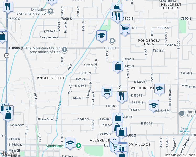 map of restaurants, bars, coffee shops, grocery stores, and more near 546 East 8200 South in Sandy