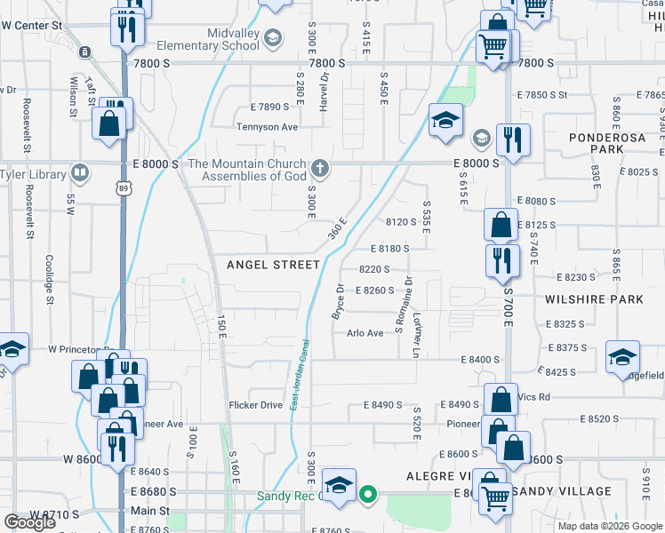 map of restaurants, bars, coffee shops, grocery stores, and more near 8214 Bryce Drive in Sandy