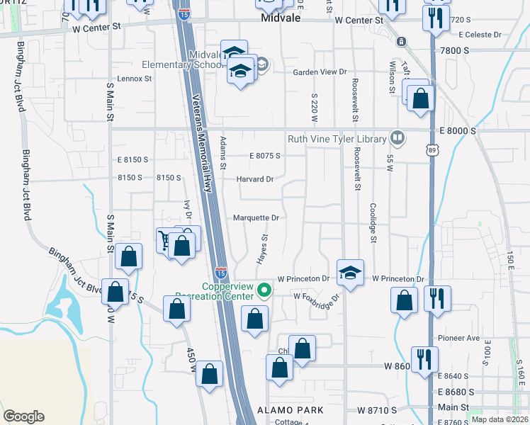 map of restaurants, bars, coffee shops, grocery stores, and more near 372 Marquette Drive in Midvale