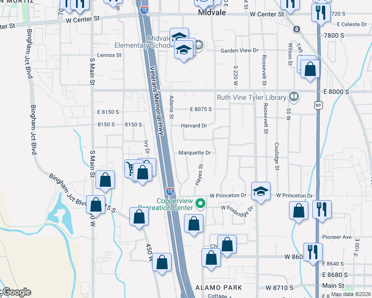 map of restaurants, bars, coffee shops, grocery stores, and more near 372 Marquette Drive in Midvale
