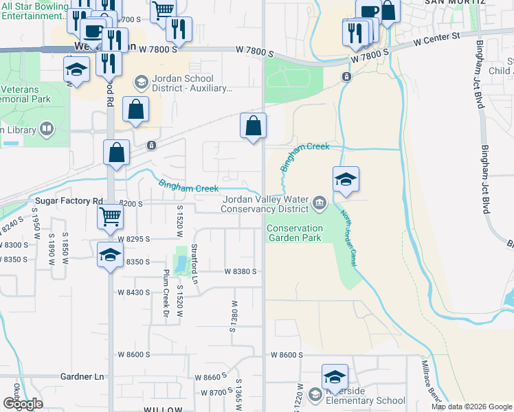 map of restaurants, bars, coffee shops, grocery stores, and more near 1336 West 8230 South in West Jordan