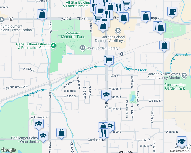 map of restaurants, bars, coffee shops, grocery stores, and more near 8210 South 1750 West in West Jordan