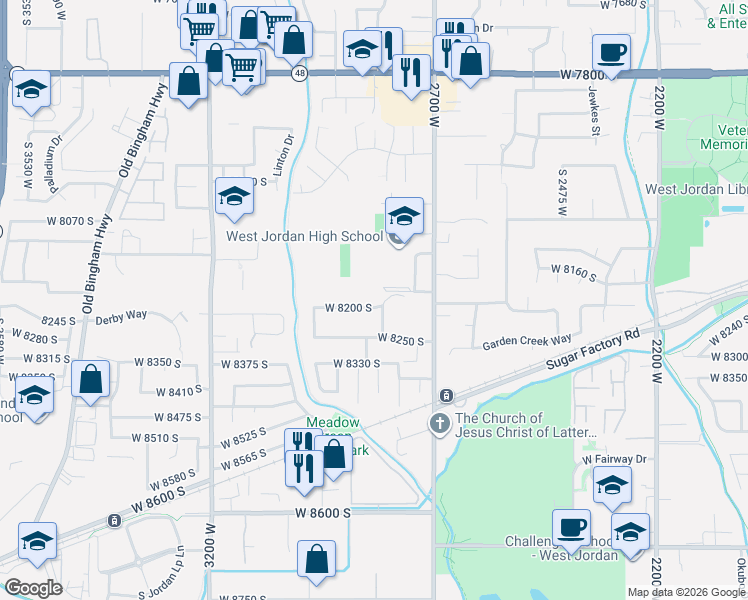 map of restaurants, bars, coffee shops, grocery stores, and more near 2790 West 8200 South in West Jordan
