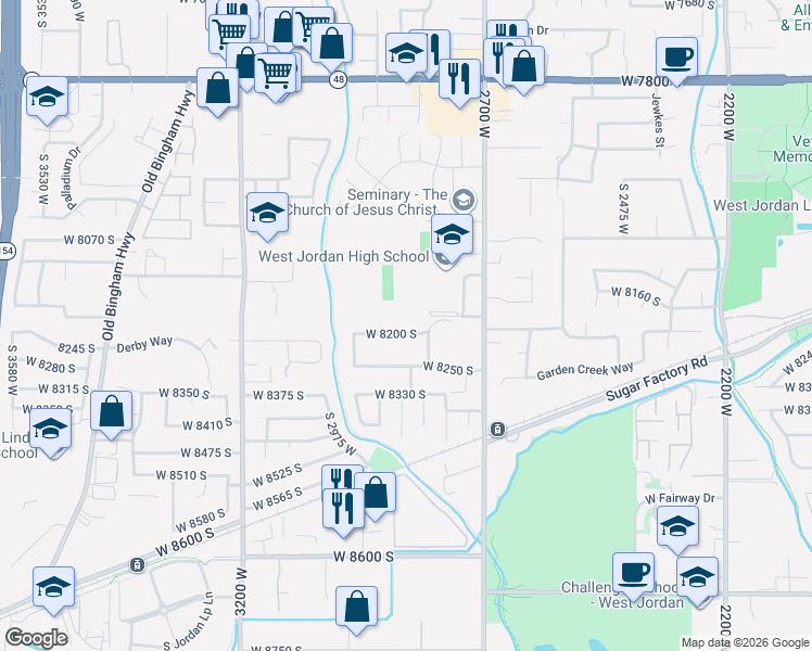map of restaurants, bars, coffee shops, grocery stores, and more near 2842 8200 South in West Jordan