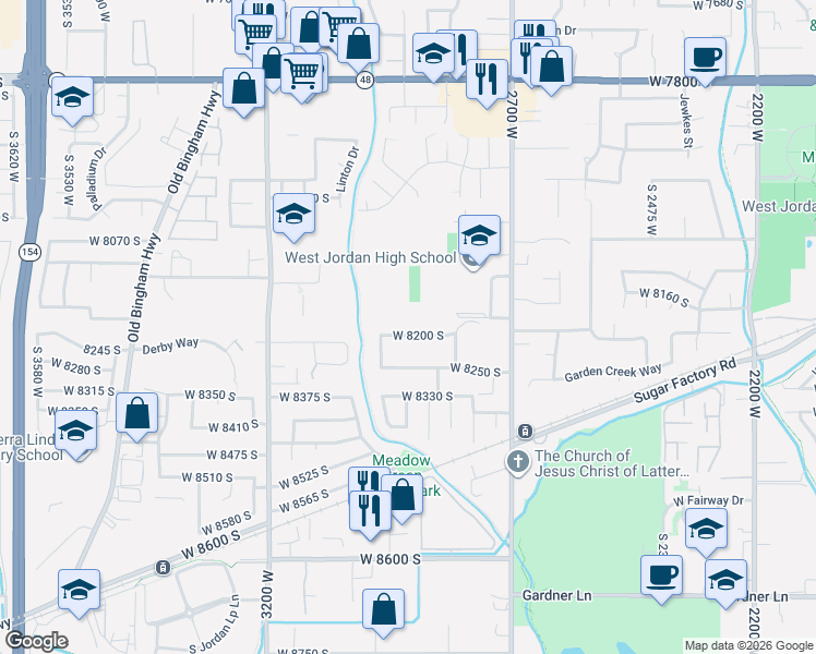 map of restaurants, bars, coffee shops, grocery stores, and more near 2842 8200 South in West Jordan